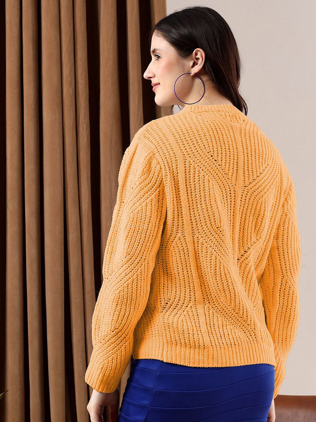 Kotty Women Open Knit Round Neck Pullover Sweater