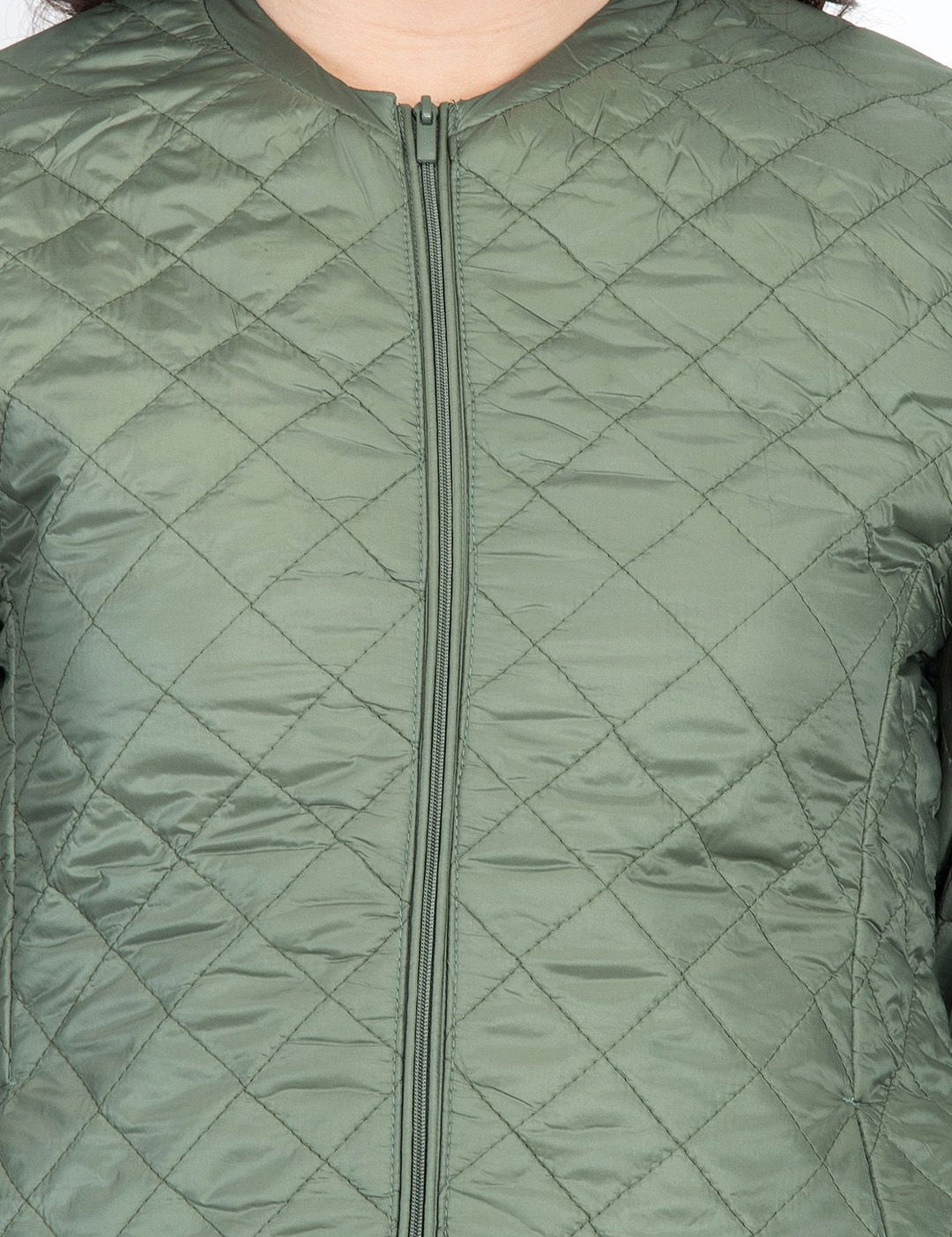 Kotty Women Olive Green Self Design Quilted Jacket