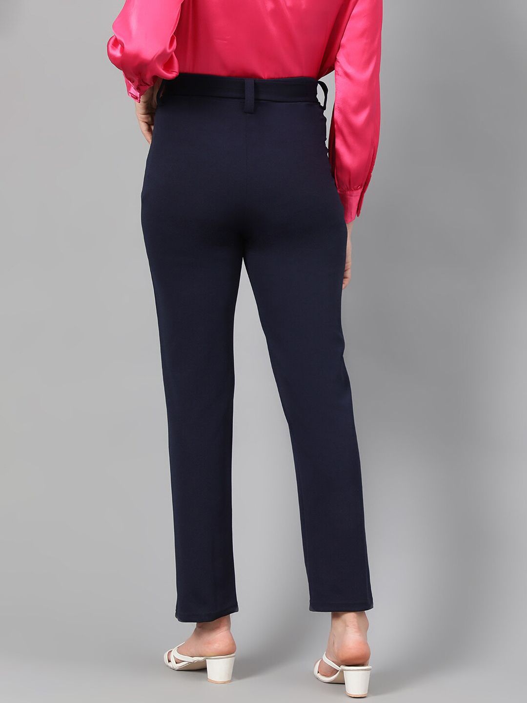 Kotty Women Navy Blue Relaxed Straight Leg Fit High-Rise Easy Wash Trousers