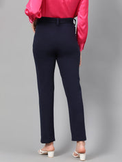 Kotty Women Navy Blue Relaxed Straight Leg Fit High-Rise Easy Wash Trousers