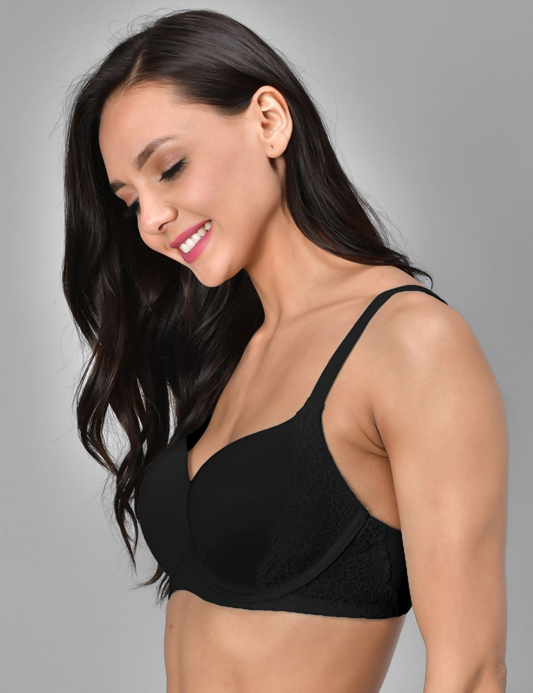 Kotty Black Solid Lightly Padded Underwired Lace T-Shirt Bra-KTTWOMENSBRA04