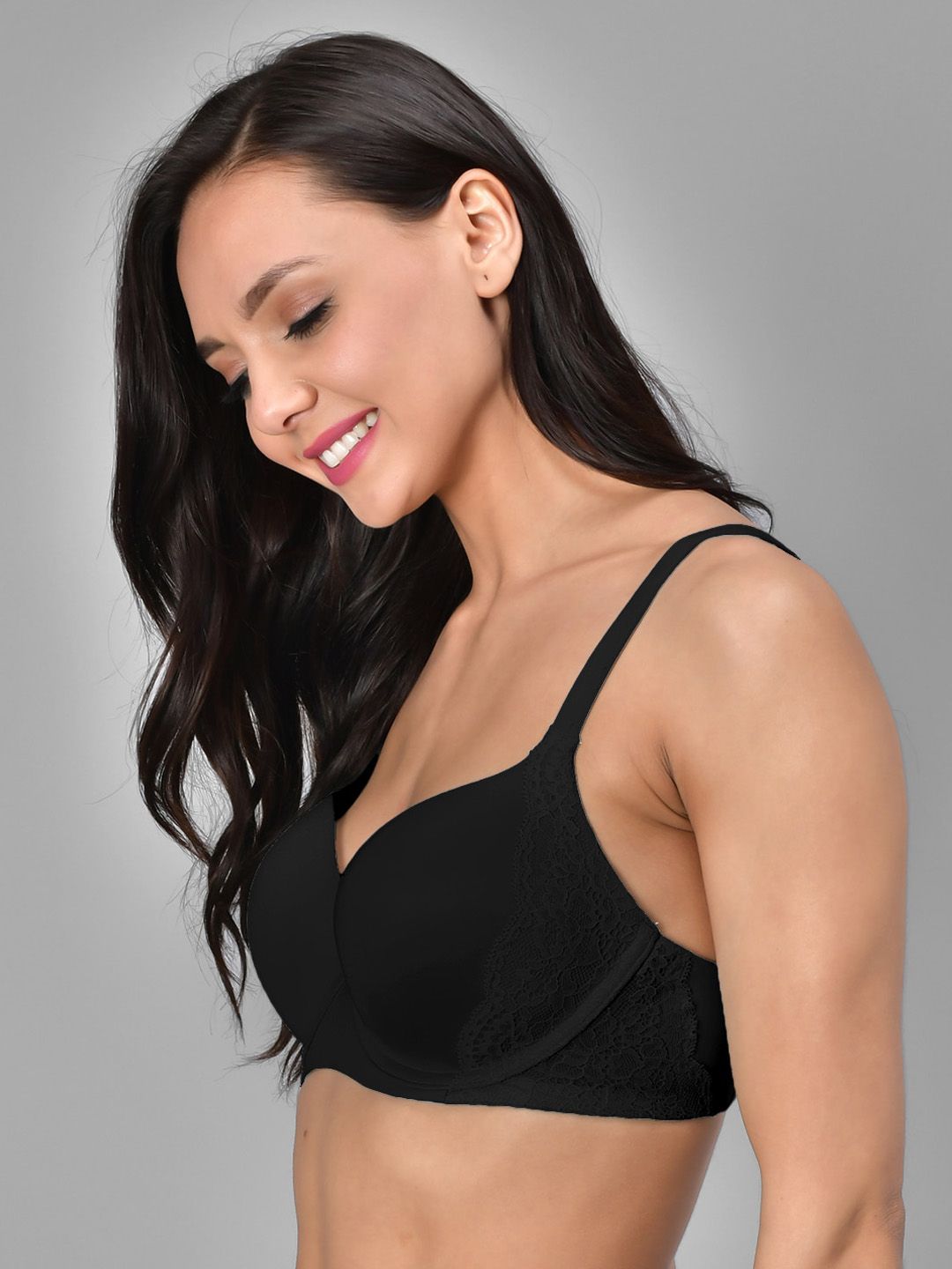 Kotty Black Solid Lightly Padded Underwired Lace T-Shirt Bra-KTTWOMENSBRA04