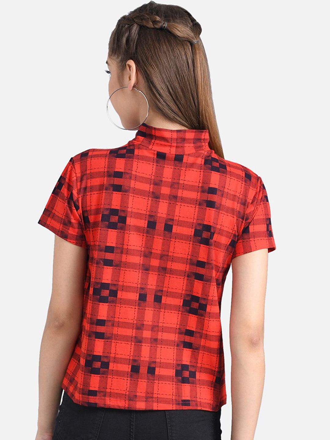 Kotty Women Red & Black Checked Pure Cotton Top