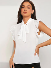 Kotty White Tie-Up Neck Flutter Sleeves Top