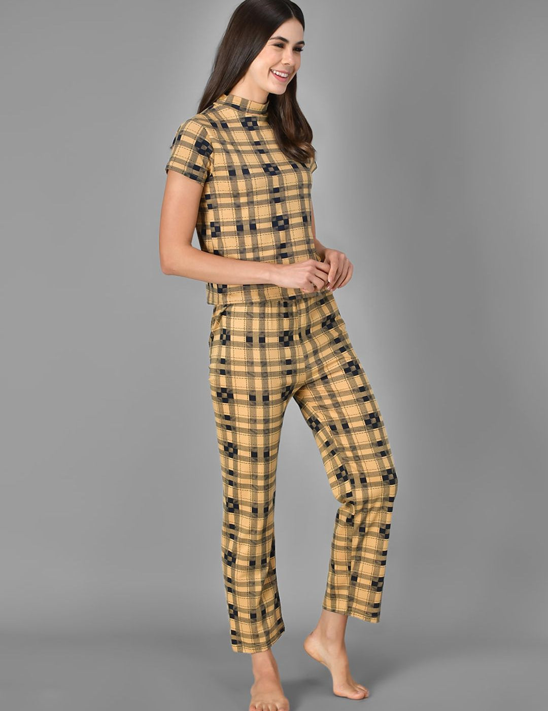 Kotty Women Yellow & Black Checked Night Suit