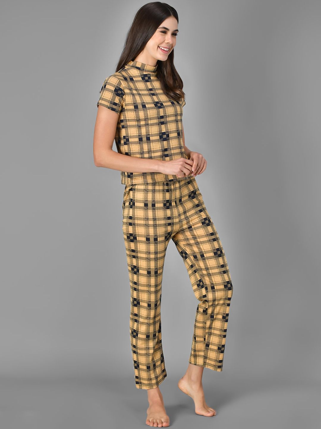 Kotty Women Yellow & Black Checked Night Suit