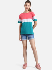 Kotty Women Teal Green & Peach-Coloured Colourblocked Round Neck T-shirt