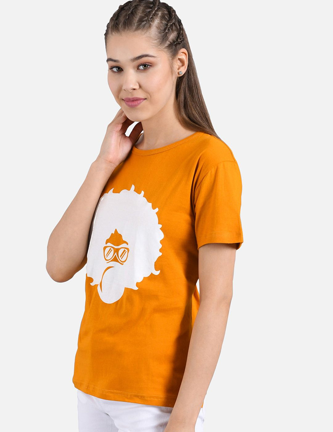 Kotty Women Yellow & White Printed Round Neck T-shirt