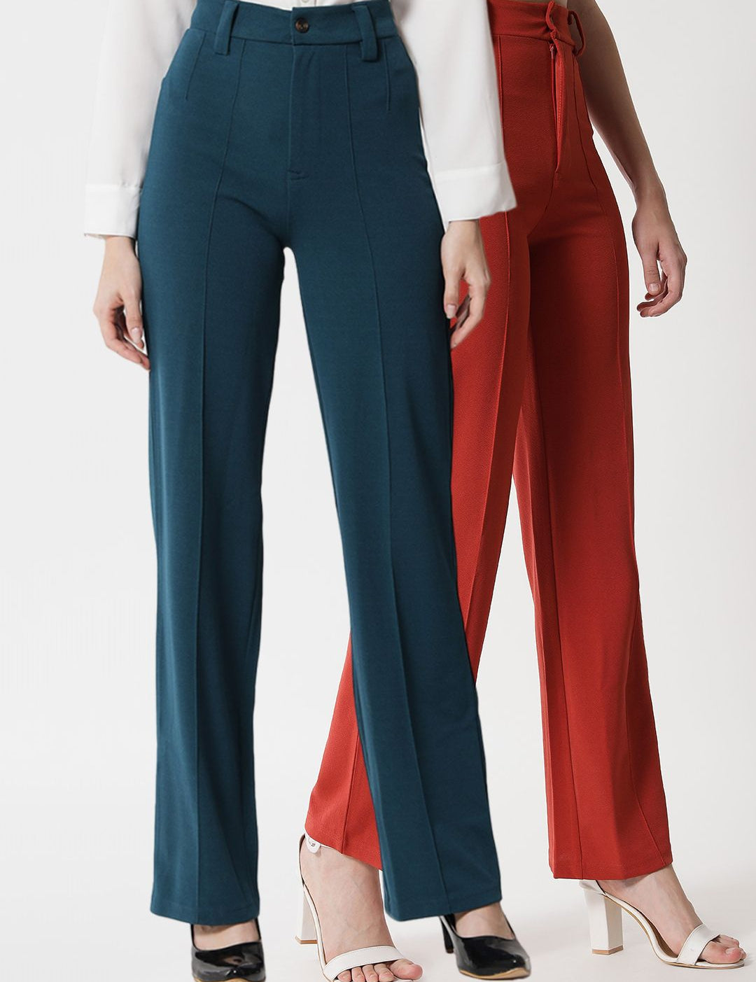 Kotty Women Pack Of 2 Relaxed Straight Fit High-Rise Easy Wash Parallel Trousers