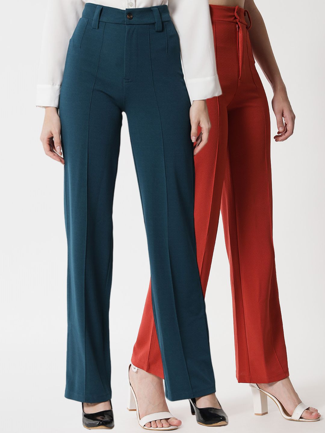 Kotty Women Pack Of 2 Relaxed Straight Fit High-Rise Easy Wash Parallel Trousers