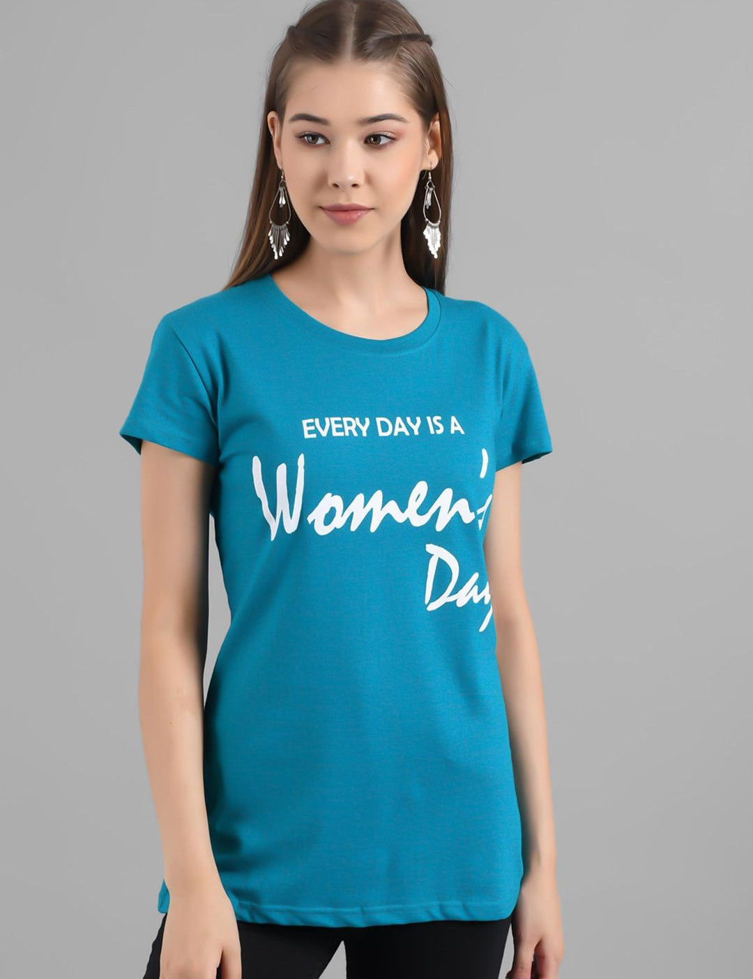 Kotty Women Turquoise Blue Printed Round Neck T-shirt