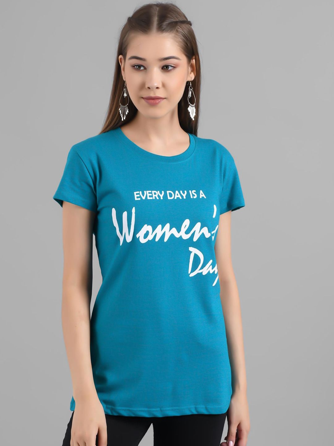 Kotty Women Turquoise Blue Printed Round Neck T-shirt