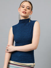 Kotty Blue High Neck Sleeveless Fitted Top
