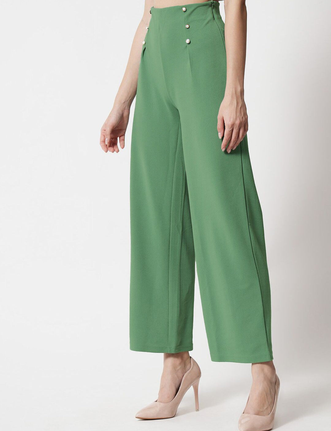 Kotty Women Green Relaxed Straight Fit High-Rise Easy Wash Pleated Trousers