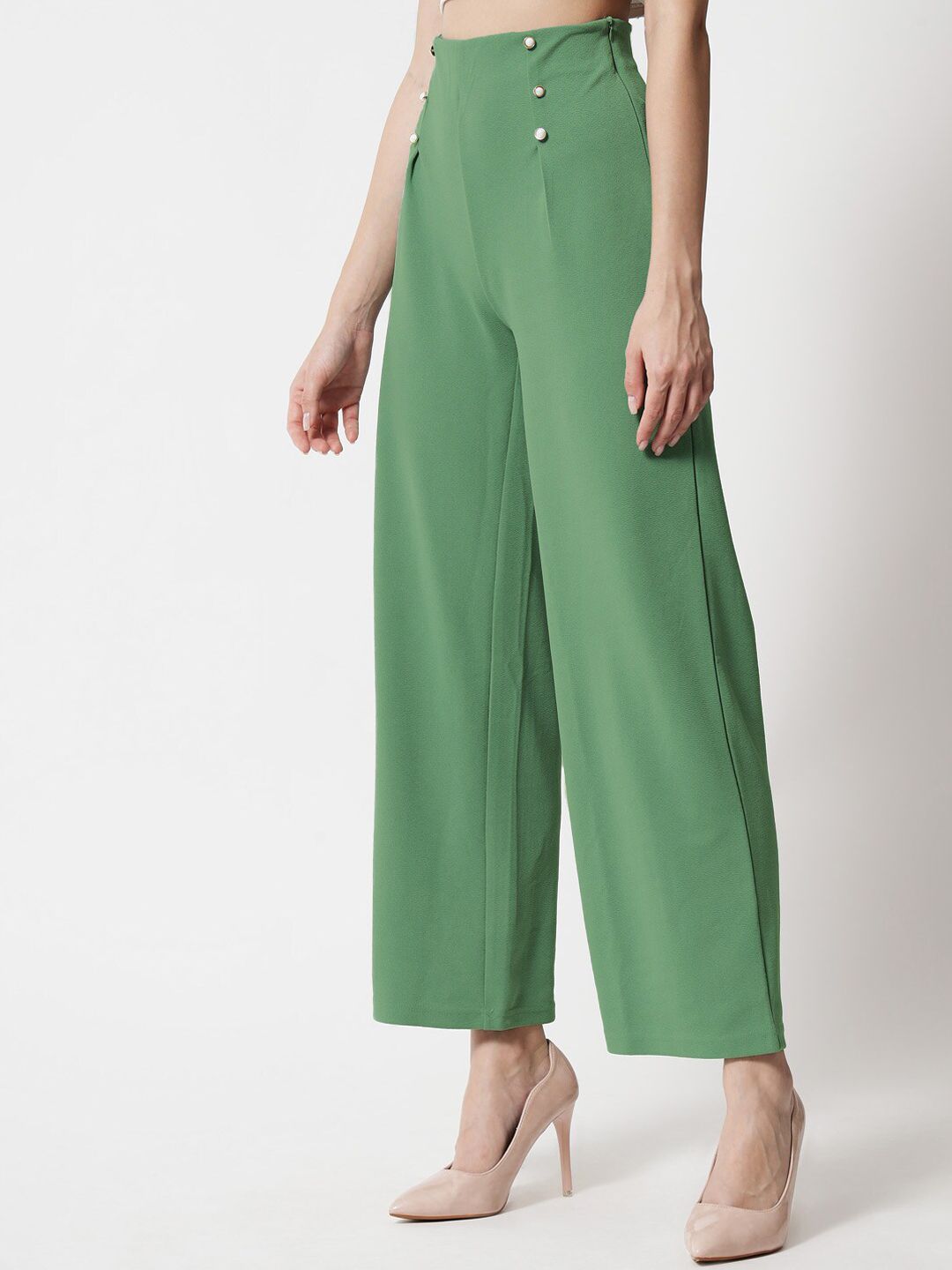 Kotty Women Green Relaxed Straight Fit High-Rise Easy Wash Pleated Trousers