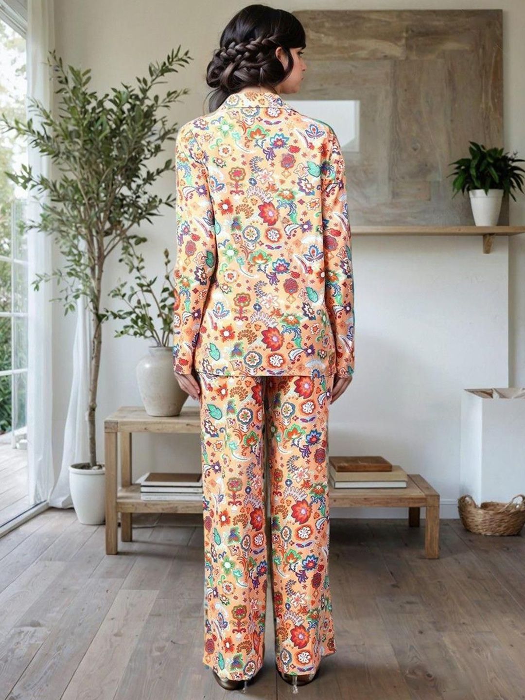 Kotty Yellow and Green Printed Shirt Collar Shirt With Trouser