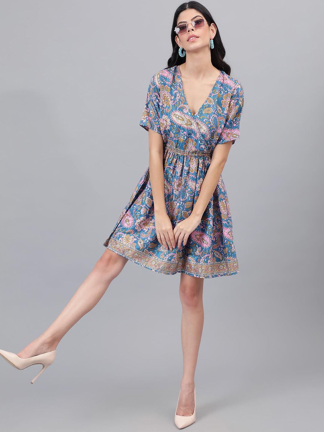 Kotty Blue And Pink Paisley Printed V-Neck Fit & Flare Dress