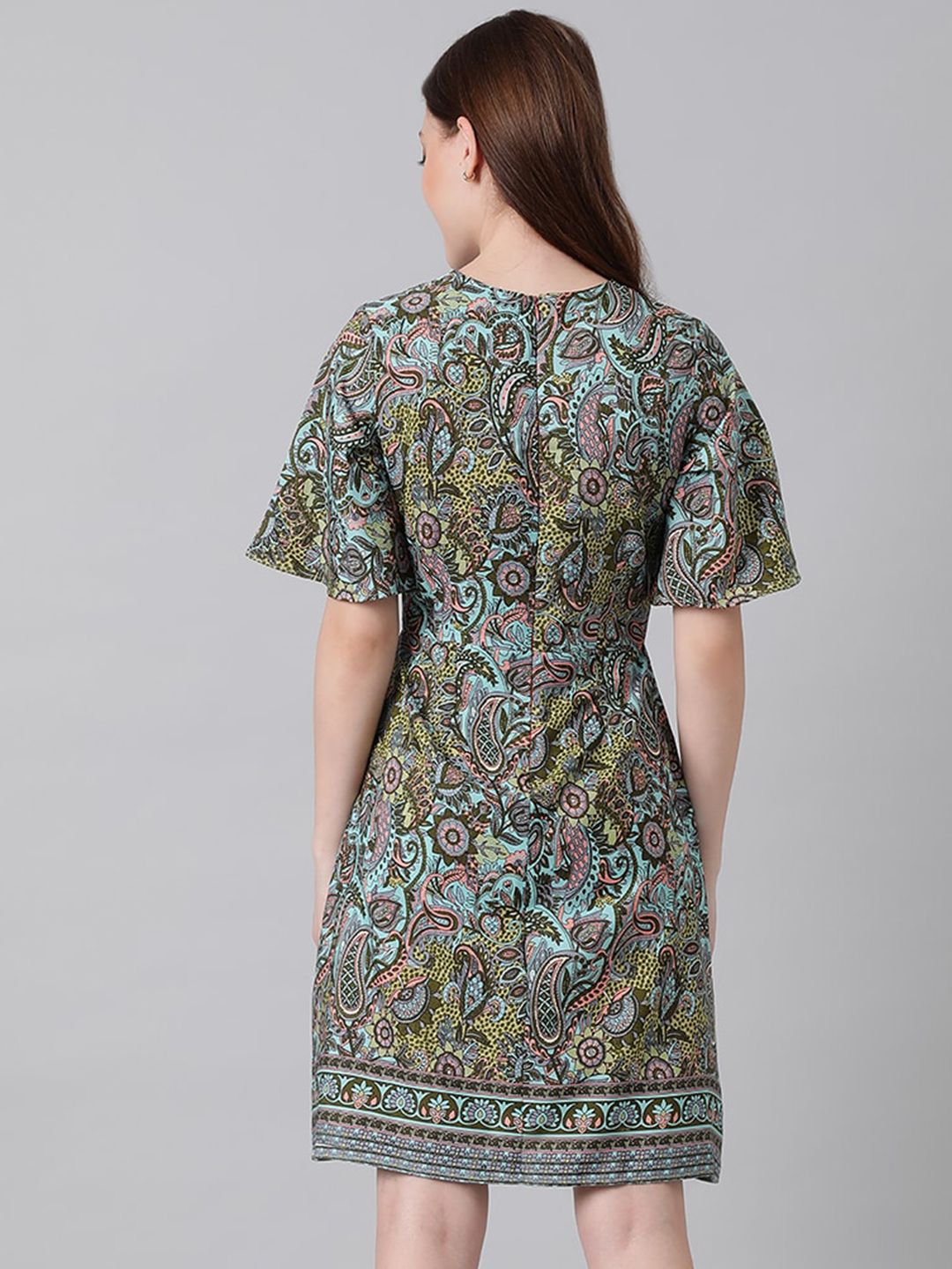 Kotty Blue & Green Ethnic Motifs Printed Tie-Up Neck Flared Sleeves A-Line Dress