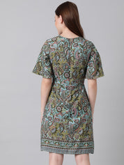 Kotty Blue & Green Ethnic Motifs Printed Tie-Up Neck Flared Sleeves A-Line Dress