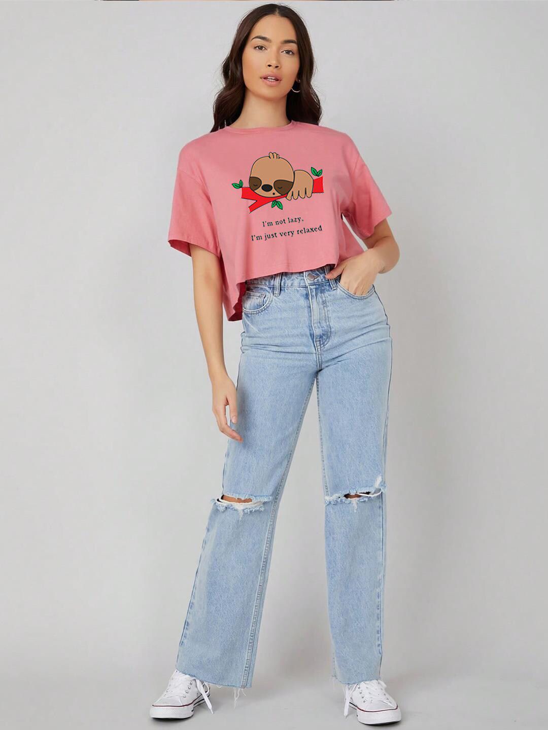 Kotty Graphic Printed Round Neck Crop Oversized T-shirt