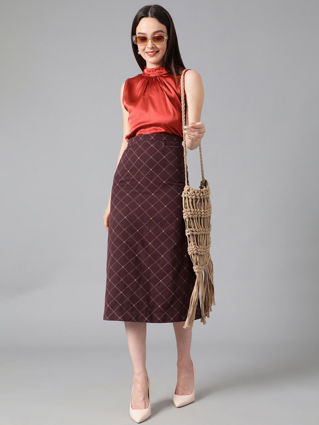 Kotty Rust High Neck Pleated Satin Regular Top