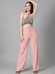 KOTTY BIZwear Women Pink Relaxed Straight Leg Straight Fit High-Rise Easy Wash Pleated Trousers
