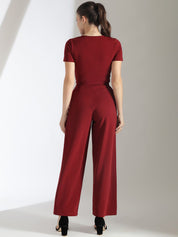 Stylecast X KOTTY Basics Maroon Round-Neck Crop Top And Wide Leg Pant