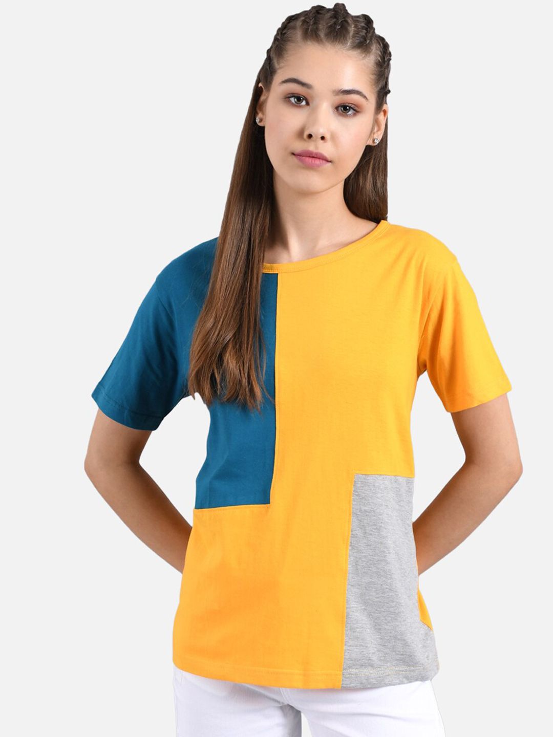 Kotty Women Yellow & Navy Blue Colourblocked Round Neck T-shirt