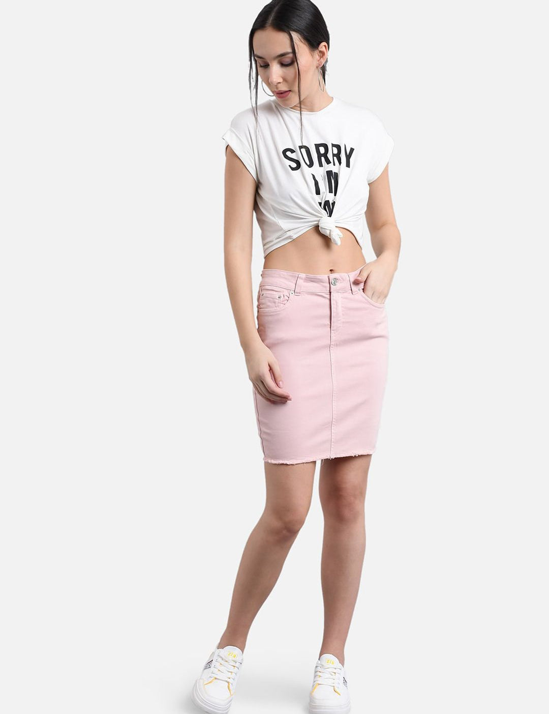 Kotty Women Pink Solid Denim Pencil Mini Skirt