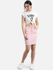 Kotty Women Pink Solid Denim Pencil Mini Skirt