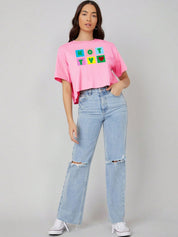 Kotty Pink Printed Round Neck Drop-Shoulder Sleeves Crop Oversized T-shirt