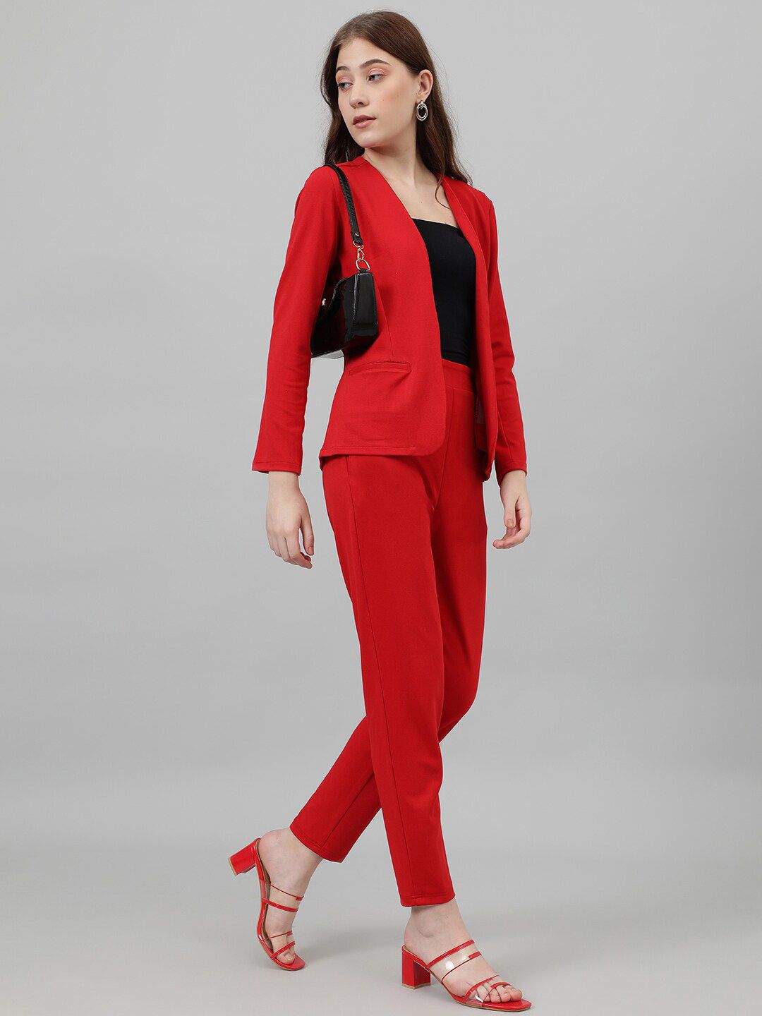 Kotty Red Collarless Long Sleeves Blazer With Trousers