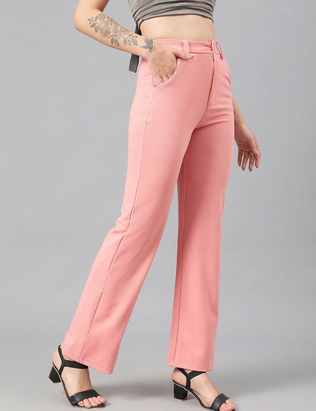 Kotty Women Pink Relaxed Straight Leg Fit High-Rise Easy Wash Parallel Trousers