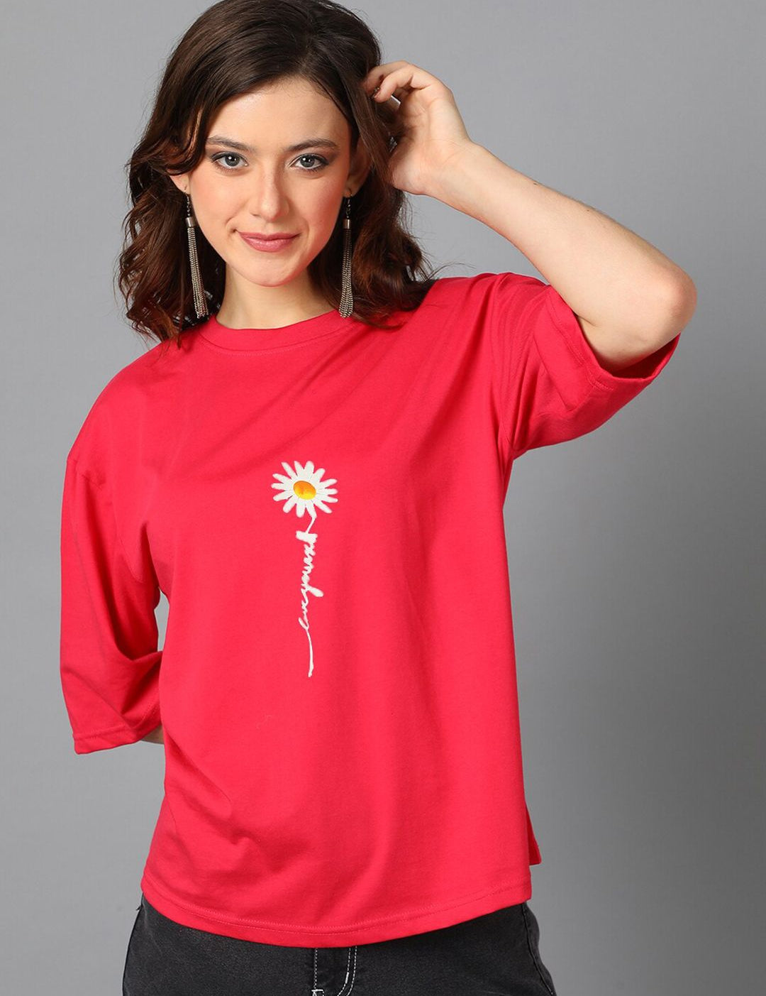 Kotty Red Typography Printed Drop-Shoulder Sleeves Oversized T-shirt