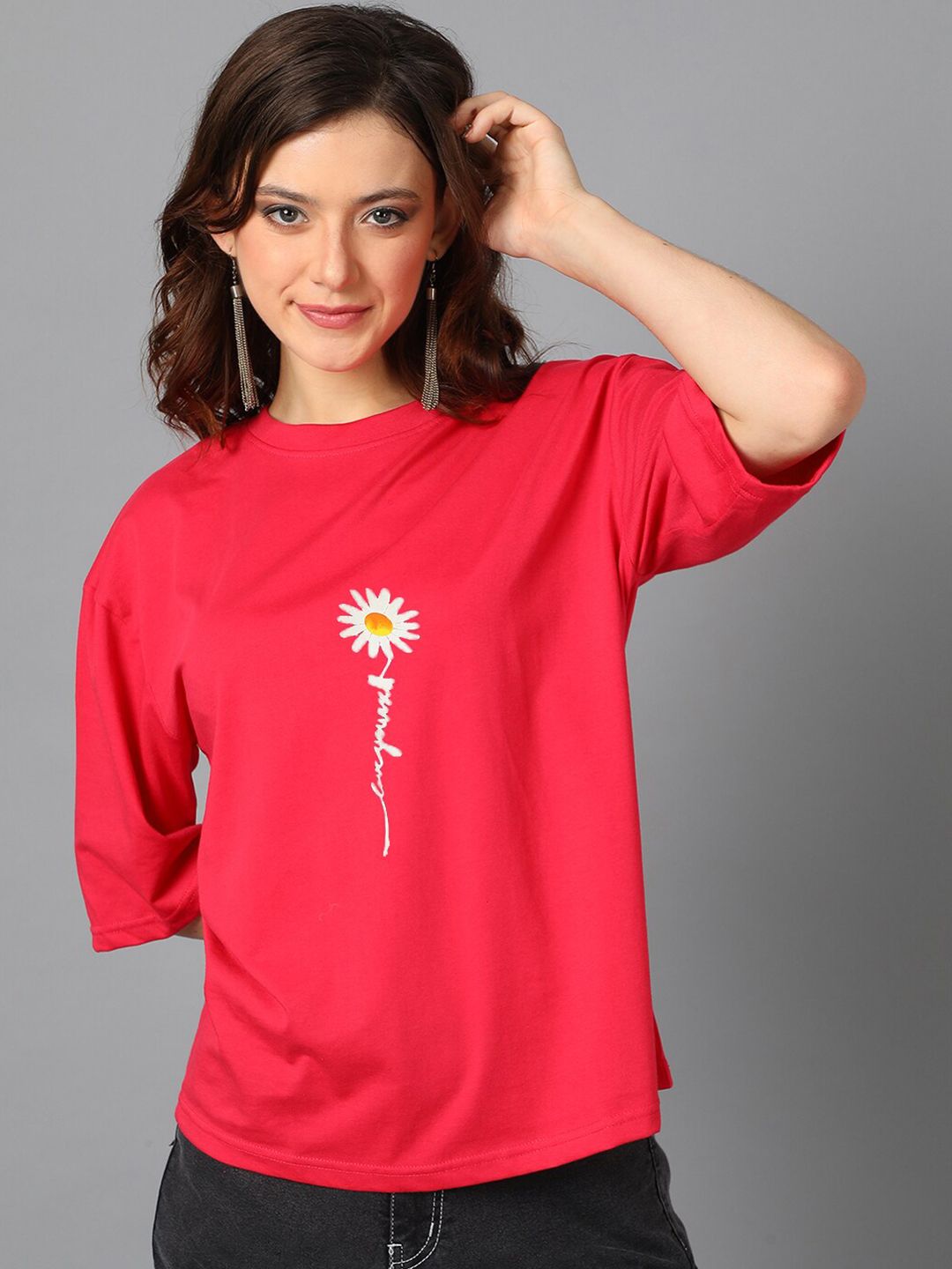 Kotty Red Typography Printed Drop-Shoulder Sleeves Oversized T-shirt