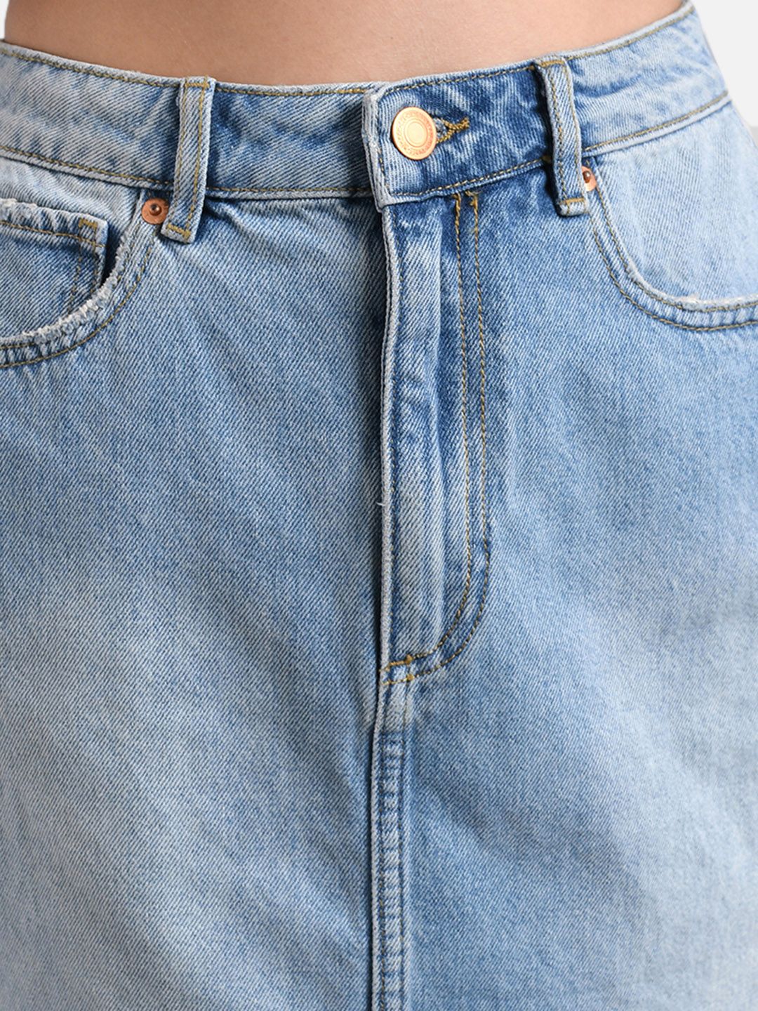 Kotty Women Blue Solid Denim Straight Mini Skirt