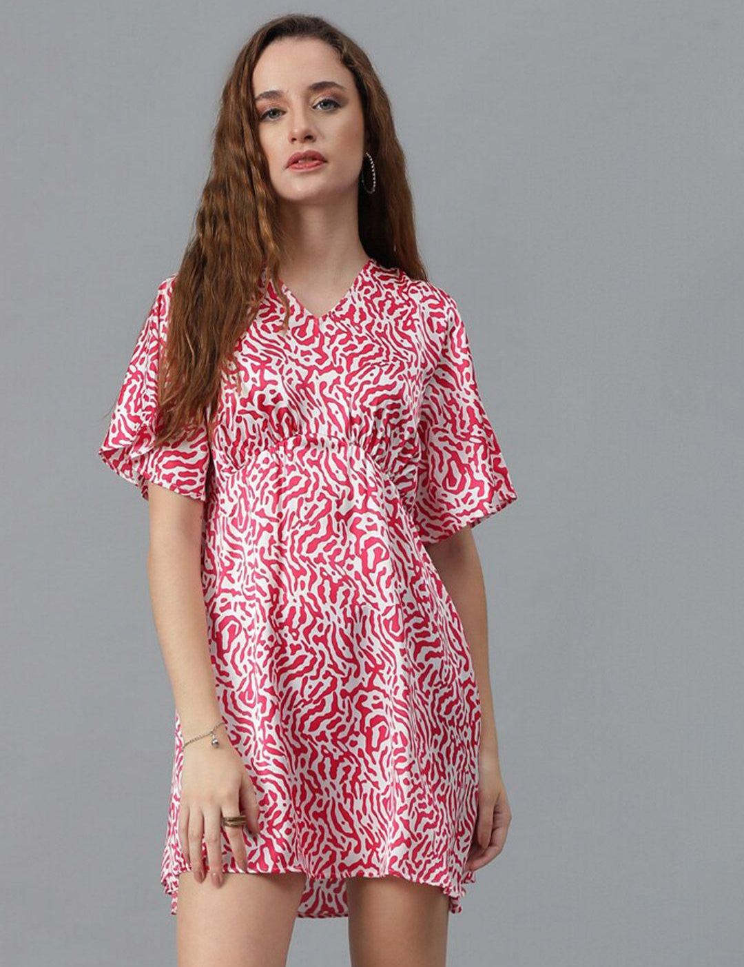 Kotty Red & White Abstract Print Flared Sleeve A-Line Mini Dress