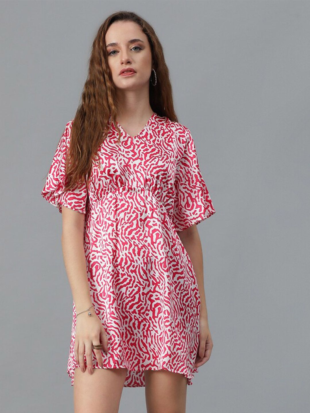 Kotty Red & White Abstract Print Flared Sleeve A-Line Mini Dress