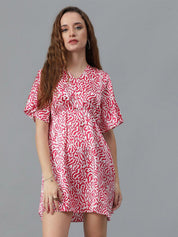 Kotty Red & White Abstract Print Flared Sleeve A-Line Mini Dress