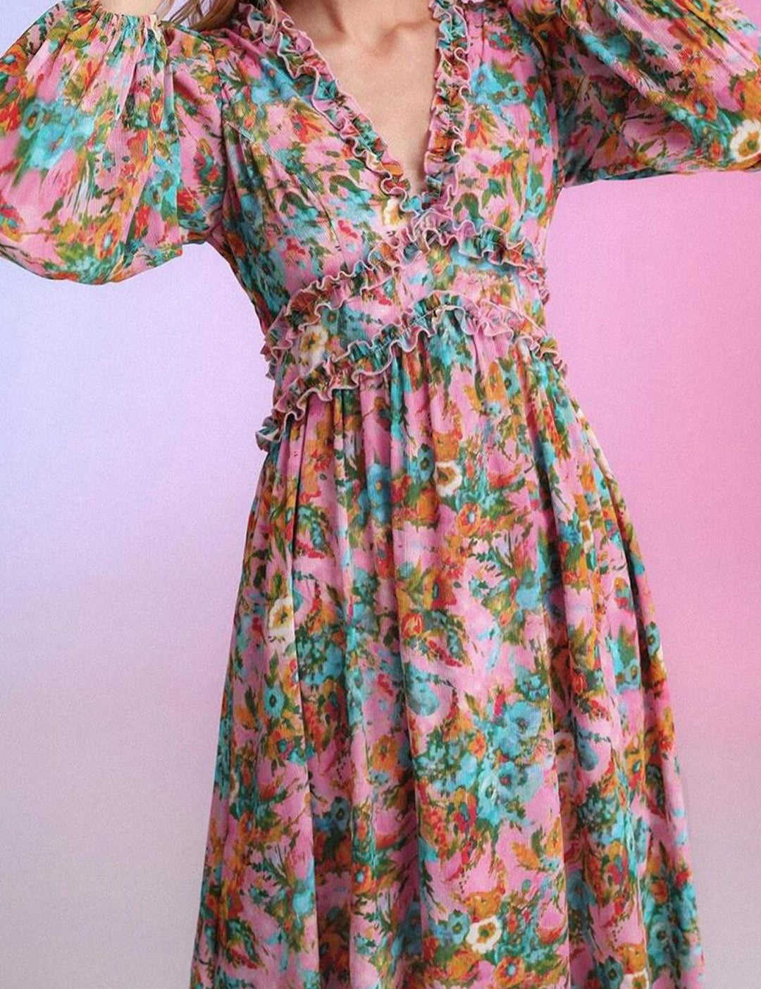 Kotty Pink & Green Floral Printed Puffed Sleeves Satin Empire Midi Dress