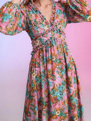 Kotty Pink & Green Floral Printed Puffed Sleeves Satin Empire Midi Dress