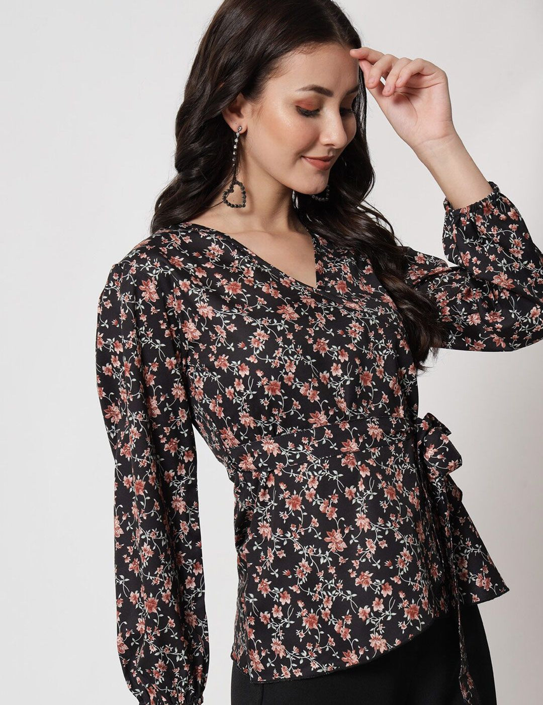 Kotty Black & Pink Floral Print Crepe Wrap Top