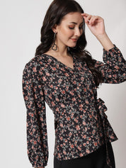 Kotty Black & Pink Floral Print Crepe Wrap Top