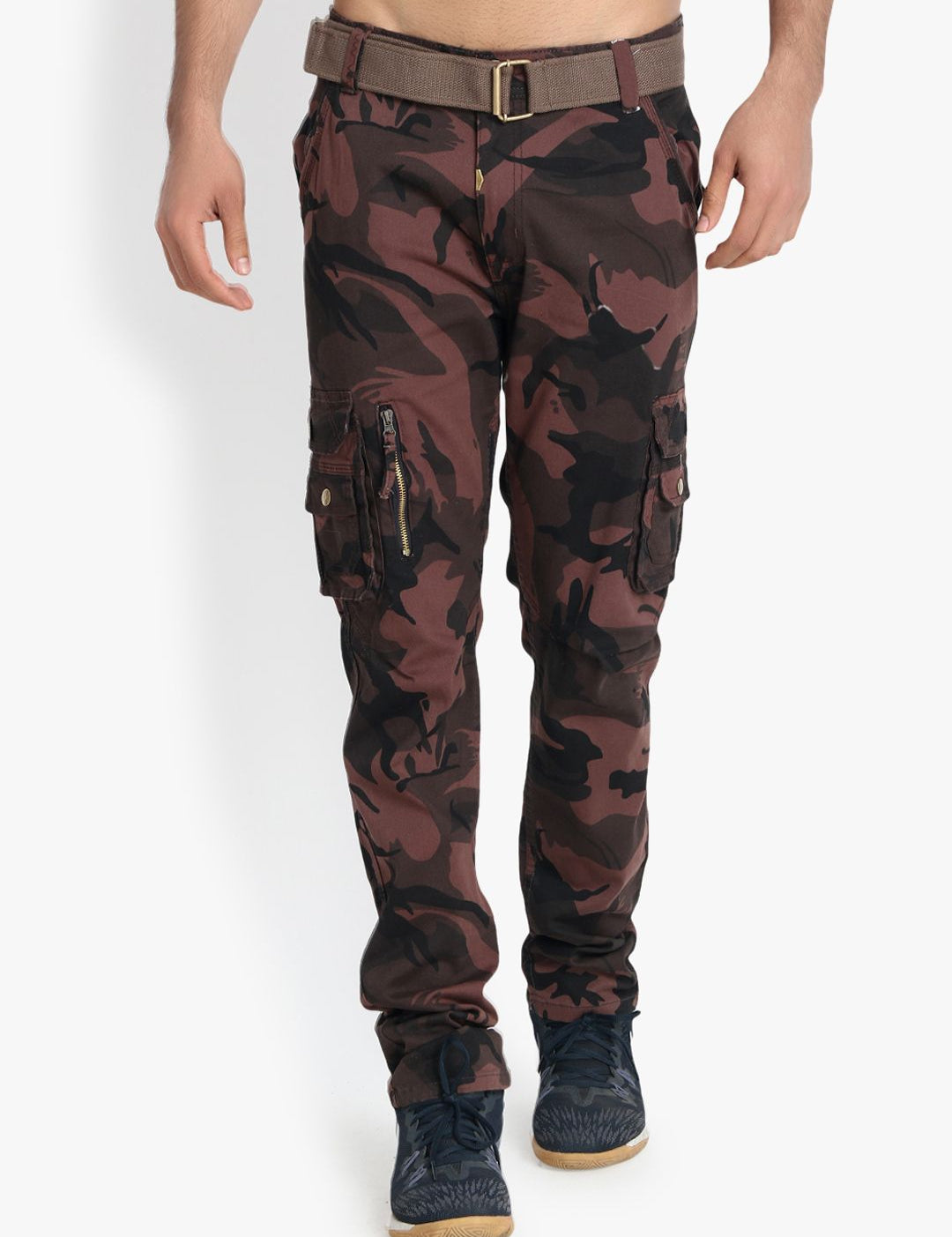 Kotty Men Olive Green & Brown Regular Fit Printed Cargos