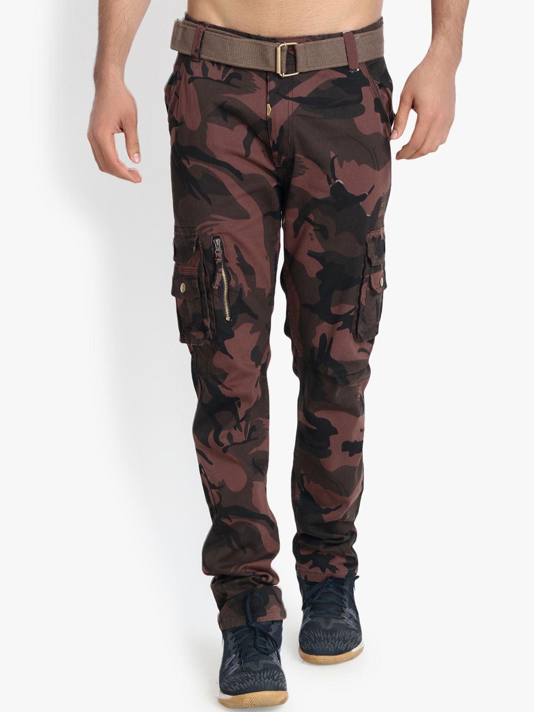 Kotty Men Olive Green & Brown Regular Fit Printed Cargos