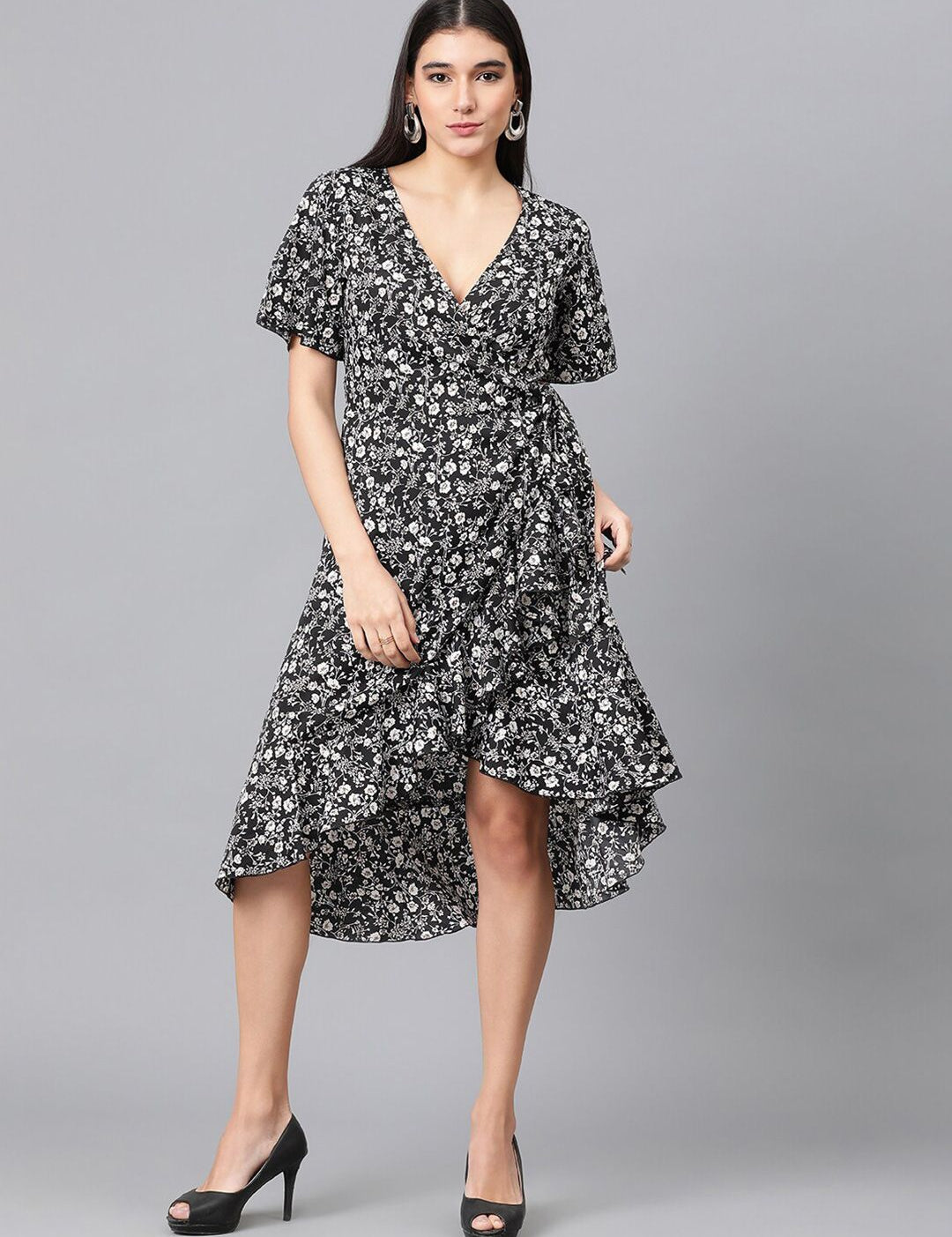 Kotty Black & White Floral Printed Flared Sleeves Crepe Ruffles Wrap Dress