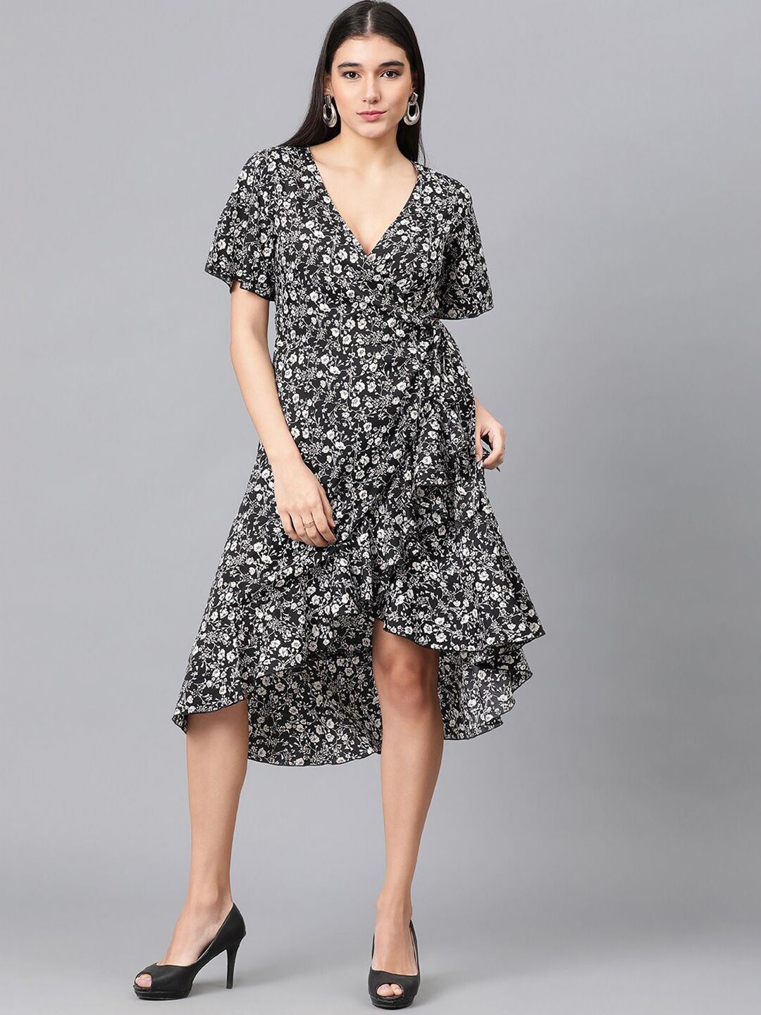 Kotty Black & White Floral Printed Flared Sleeves Crepe Ruffles Wrap Dress