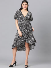 Kotty Black & White Floral Printed Flared Sleeves Crepe Ruffles Wrap Dress