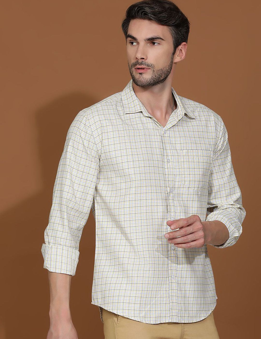 Kotty White & Yellow New Grid Tattersall Checks Spread Collar Casual Shirt
