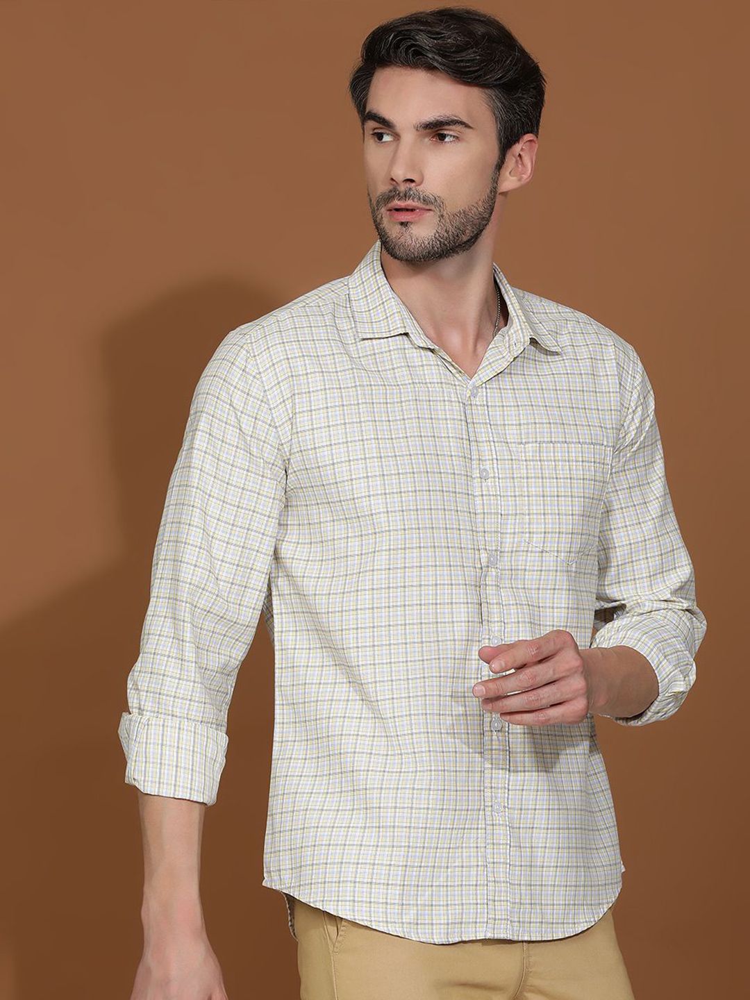 Kotty White & Yellow New Grid Tattersall Checks Spread Collar Casual Shirt